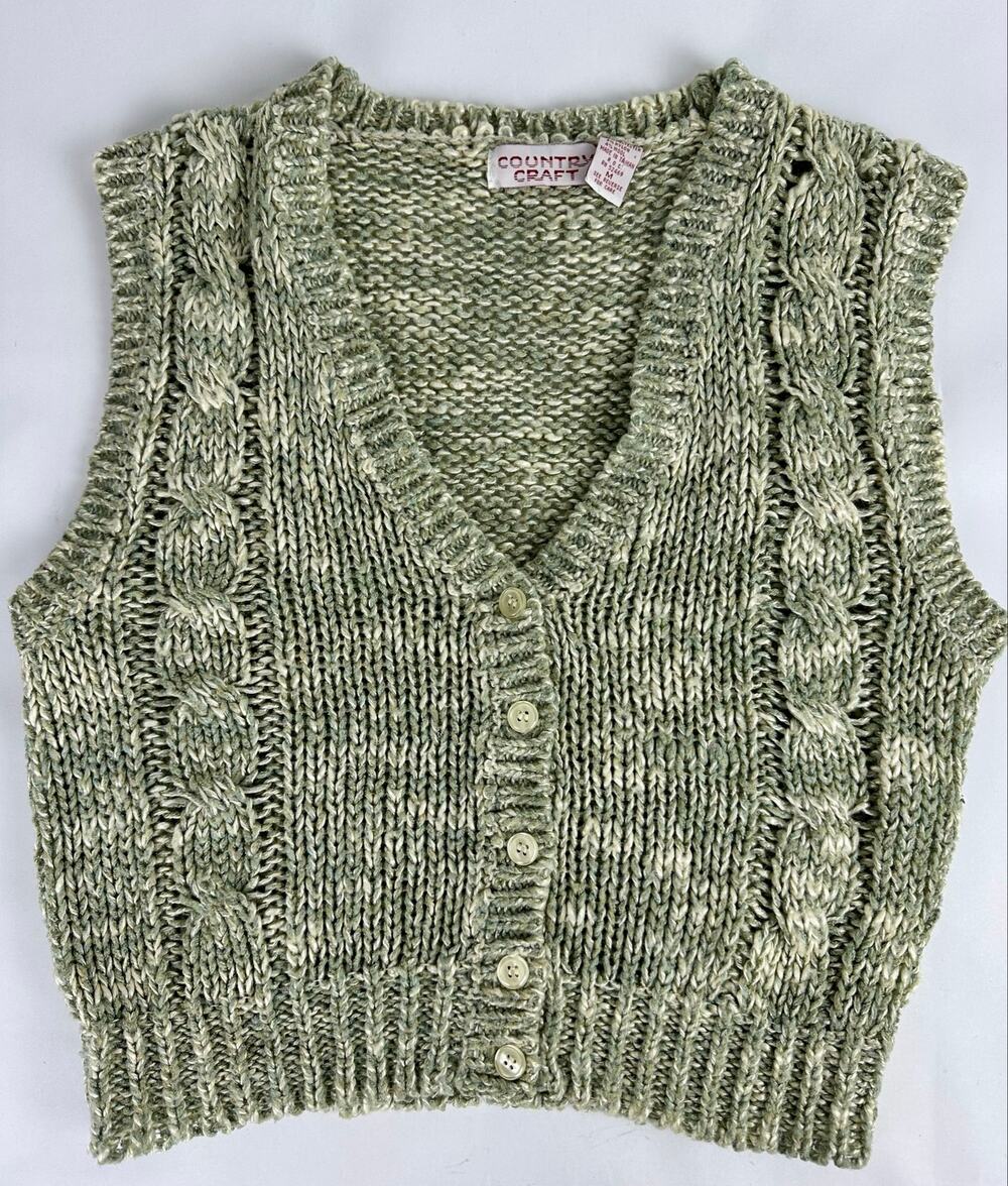 Vintage Country Craft Green Wool Blend Cable Knit Vest Earthy Academia Womens M